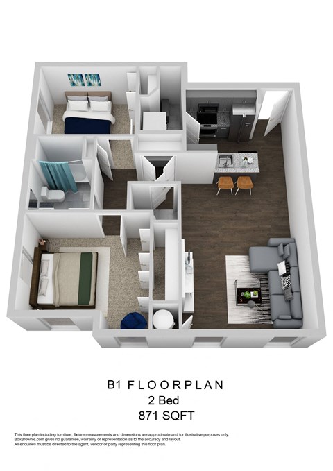Floor plan for 2 beds, 1.5 baths, 871 sqft